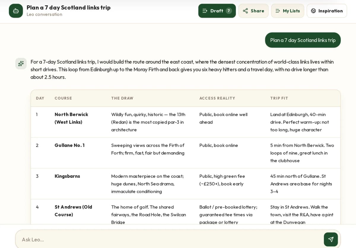 Leo AI planning a golf trip itinerary
