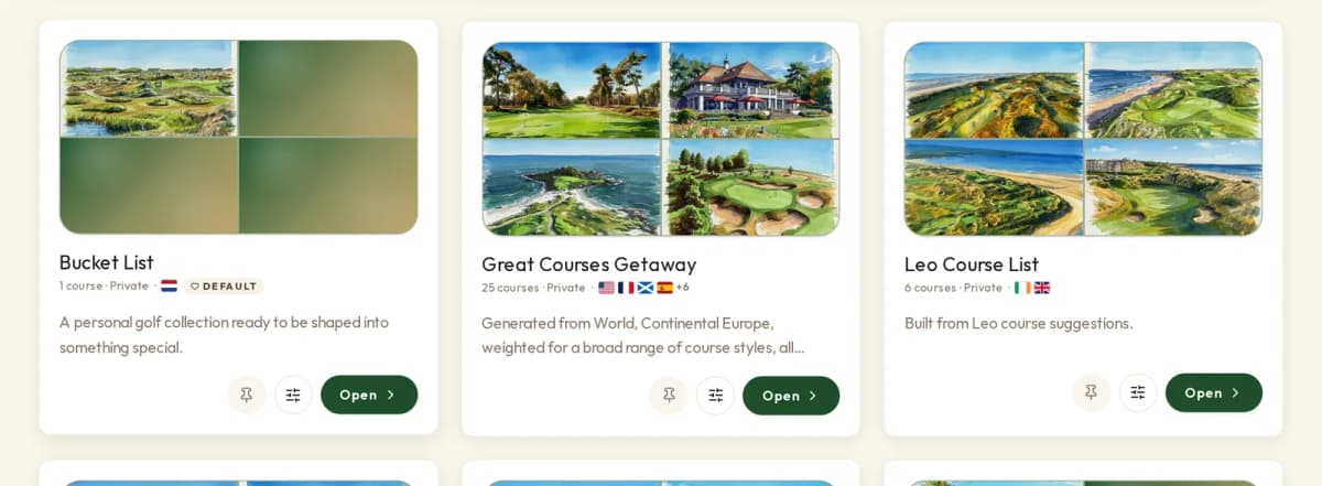 Personal golf bucket lists with course photo mosaics