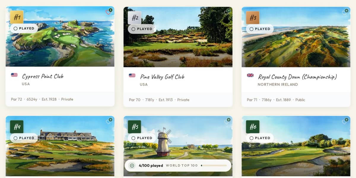 Curated Top 100 ranking of golf courses with rank badges